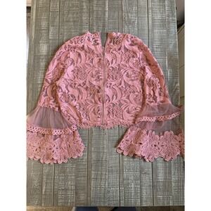 AKIRA Sheer Floral Embroidered Lace Crop Top Jacket Pink Bell Sleeve Size Large